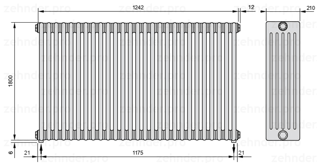 Схема (чертеж) Радиатор Zehnder Charleston 6180/27 №5310 Белый глянцевый RAL 9016